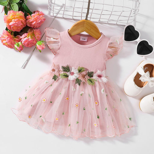 Embellished Flutter Sleeve Baby Dress - Adorable Cotton Blend Infant Outfit
