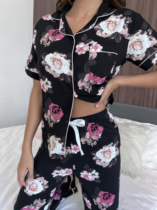 Floral Casual Lounge Wear Set with Short Sleeve Top and Trousers