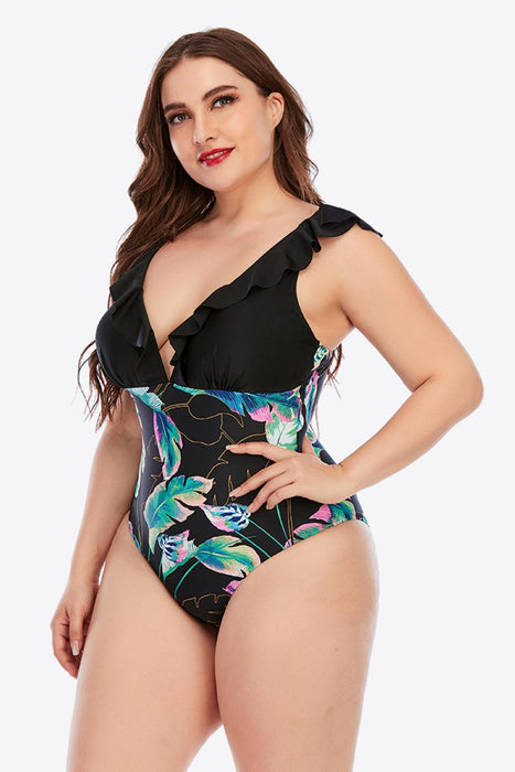 Ruffled Plunge Neckline Printed Plus Size Swimsuit