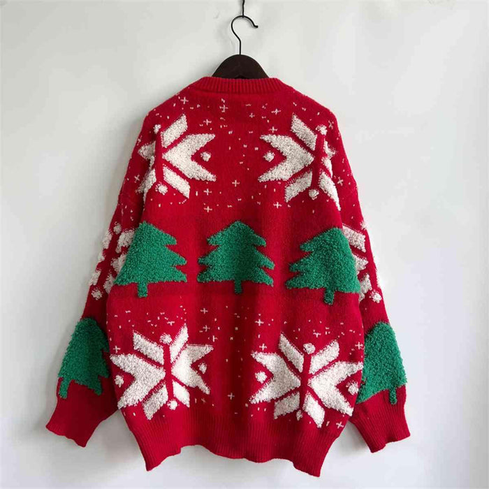 Festive Snowflake Sweater with Round Neck and Long Sleeves