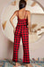 Elegant Spaghetti Strap Plaid Jumpsuit with Lace Detailing