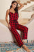 Elegant Spaghetti Strap Plaid Jumpsuit with Lace Detailing