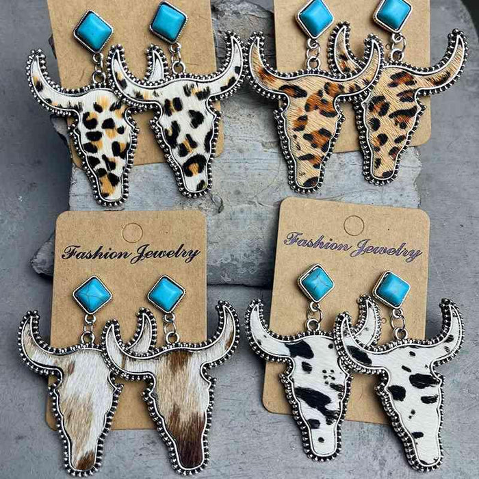 Turquoise Bull Drop Earrings with Cowhide and Alloy