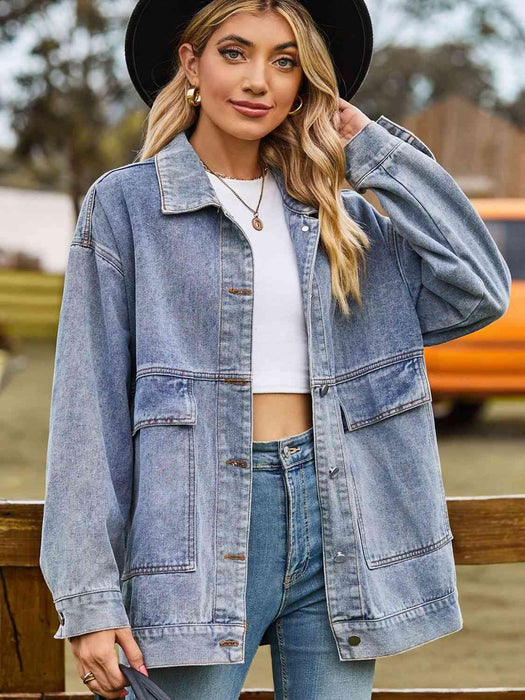 Trendy Oversized Denim Coat with Stylish Collar and Functional Pockets