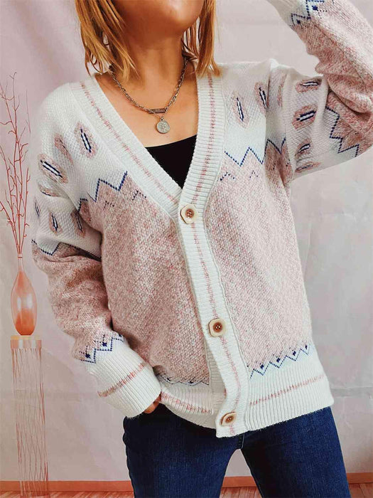 Elegant Button-Up Cardigan with Geometric Flair