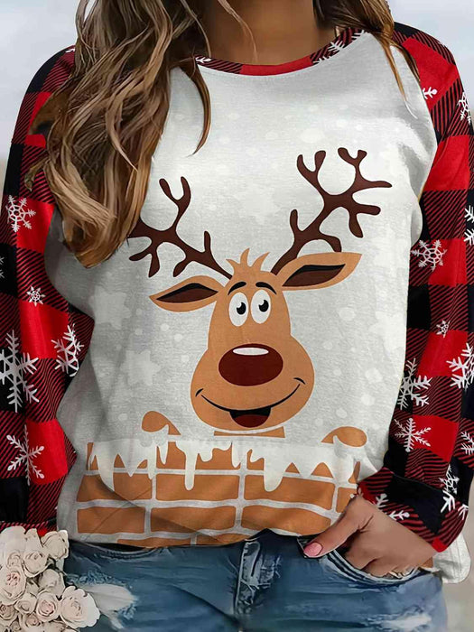 Plus Size Cozy Long Sleeve Top with Winter Reindeer Design