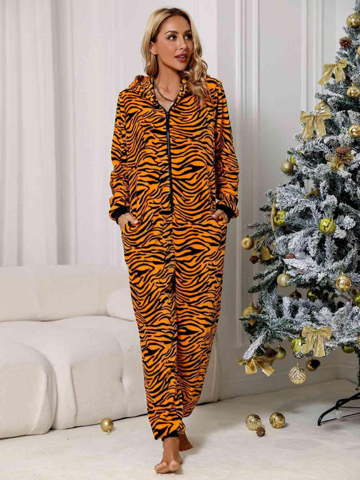 Cozy Animal Print Zip-Up Lounge Jumpsuit with Handy Pockets