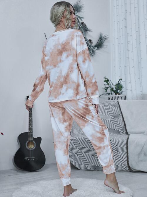 Trendy Tie-Dye Two-Piece Lounge Set with Relaxed Top and Adjustable Pants