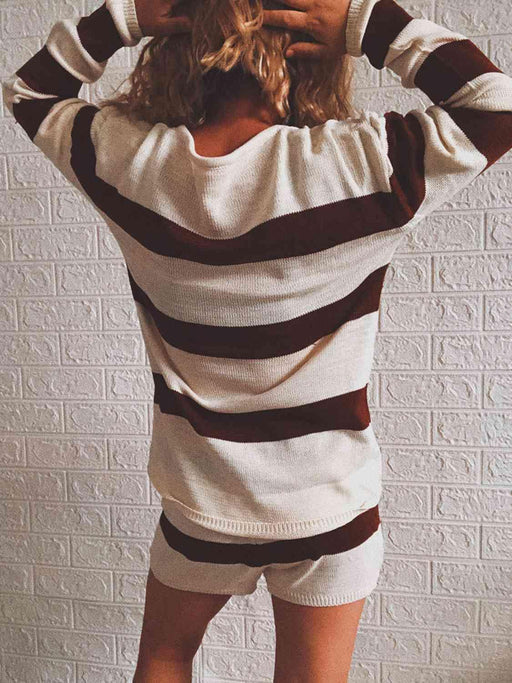 Chic Striped Knit Relaxed Lounge Set with Comfy Top and Shorts