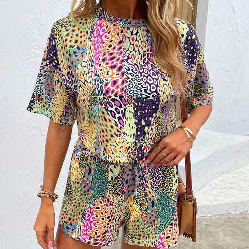 Chic Multicolored Print Two-Piece Casual Outfit with Top and Shorts