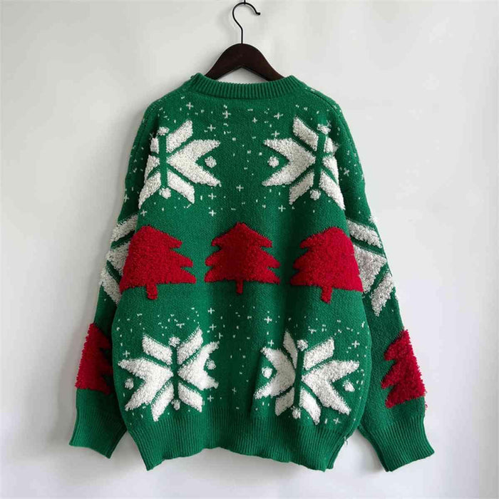 Festive Cozy Snowflake Long Sleeve Sweater with Round Neck