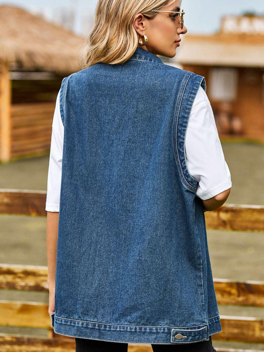 Chic Denim Sleeveless Vest with Collared Neck and Pockets