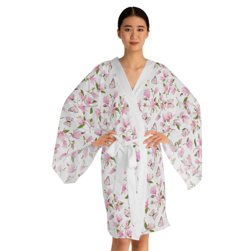 Japanese Magnolia Floral Luxury Long Sleeve Kimono Robe