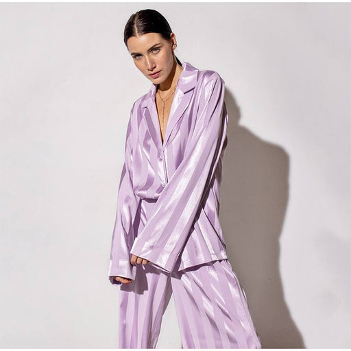 Lavender Silk Striped Blouse and Wide-Leg Trousers Set