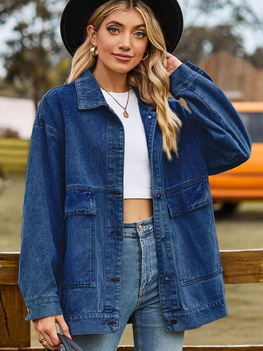 Trendy Oversized Denim Coat with Stylish Collar and Functional Pockets