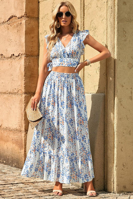 Floral Frill Tie-Back Top and Maxi Skirt Set