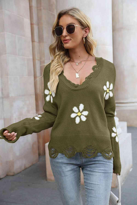 Cozy Blossom Distressed Knit Sweater