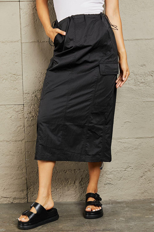 Chic Black Cargo Midi Skirt with High Waist and Elastic Scrunch Detail