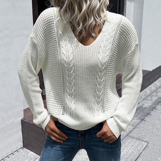 Ivory V-Neck Twist Knit Sweater - Elegant Women's Winter Fashion Piece