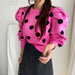 Chic Korean Sweater with Playful Polka Dot Puff Sleeves - Cozy Elegance Redefined