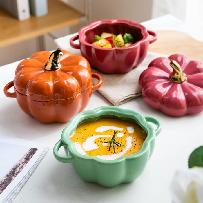 Whimsical Pumpkin-Shaped Ceramic Bowl Set - Stylish Tableware for Salads and Breakfast Cereals