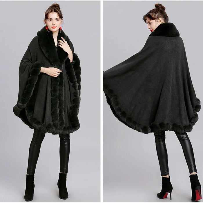 Opulent V Lapel Faux Rex Rabbit Fur Winter Cape for Women