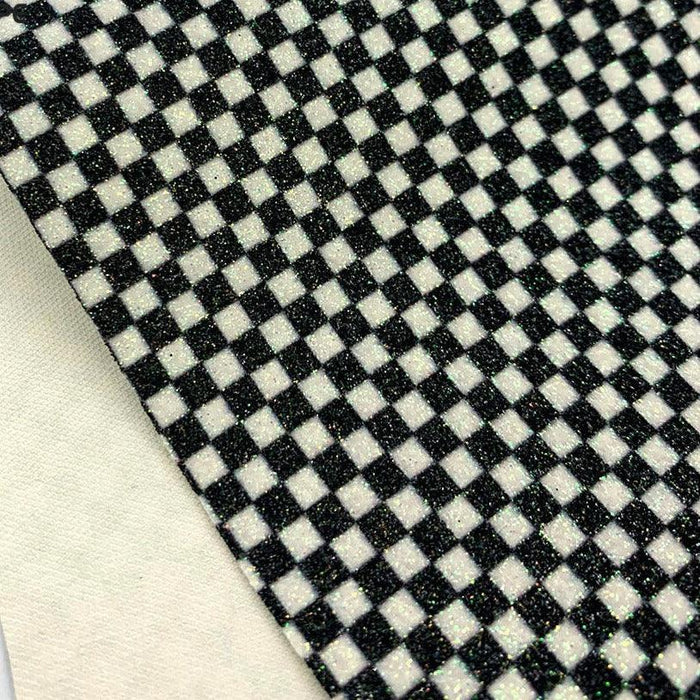 Black and White Plaid Glitter Vinyl Leatherette Fabric for DIY Crafts