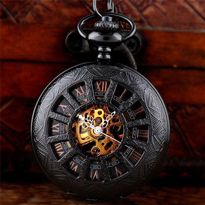 Vintage Black Skeleton Pocket Watch Necklace in Steampunk Style