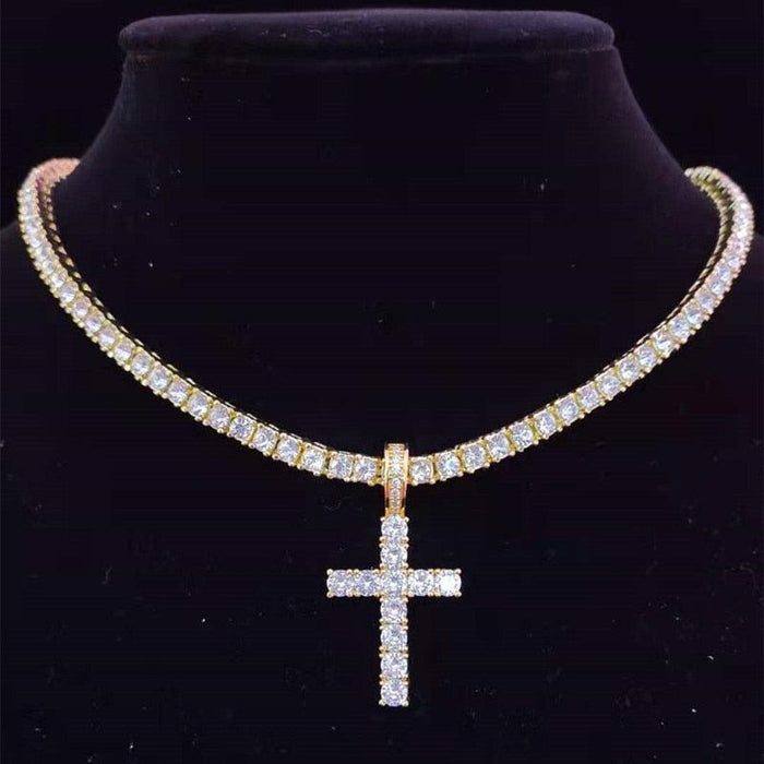 Dazzling Zircon-Studded Cross Necklace Set with Glamorous Bling Accents