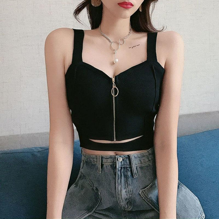 Trendy Sleeveless Knit Crop Top with Zip Closure for Women