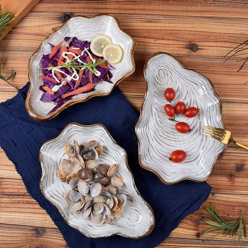 Opulent Pearl Shell Ceramic Dish Tray for Seafood & Steak | Handcrafted Tableware with Irregular Design
