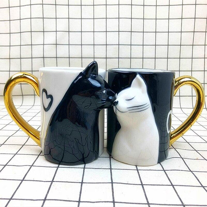 Romantic Cat Kiss Ceramic Coffee Mugs for Couples - Set of 2