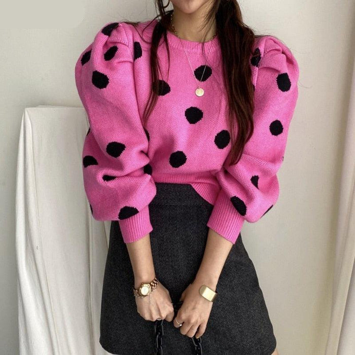 Chic Korean Sweater with Playful Polka Dot Puff Sleeves - Cozy Elegance Redefined