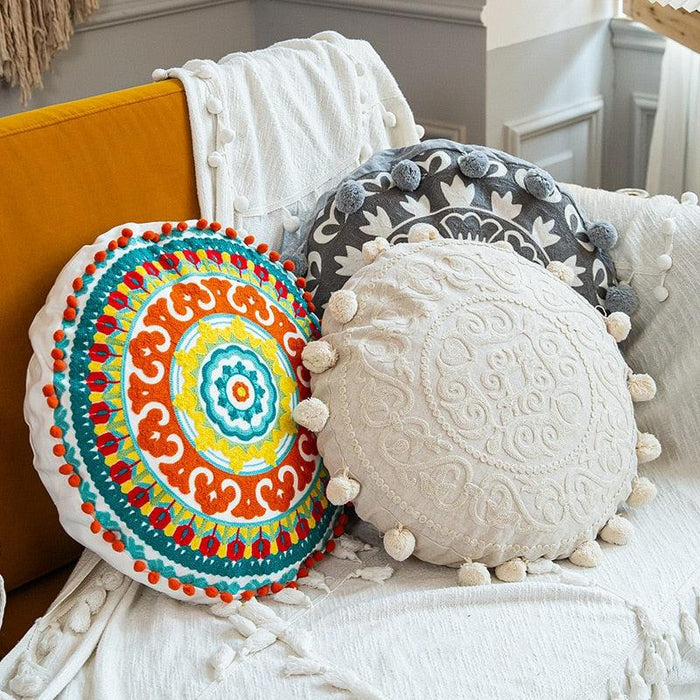 Moroccan-Inspired Circular Pillow Cover with Elegant Embroidery for Stylish Home Upgrade