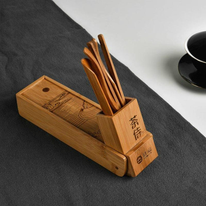 Chinese Bamboo Tea Set with River and Bamboo Pattern Storage Box