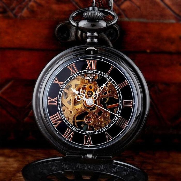 Antique Style Black Mechanical Skeleton Pocket Watch Pendant Necklace