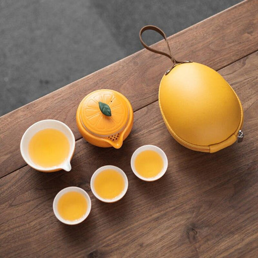 Orange Ceramic Travel Tea Set with Teapot, Cups, and Pitcher - Elevate Your Tea Experience On-the-Go