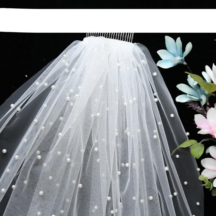 Opulent Botanica Bridal Tulle Veil Set with Pearl Embellishments and Hair Accessory - Timeless Elegance for Brides