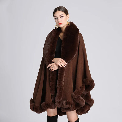 Opulent V Lapel Faux Rex Rabbit Fur Shawl Coat - Luxe Winter Women's Overcoat
