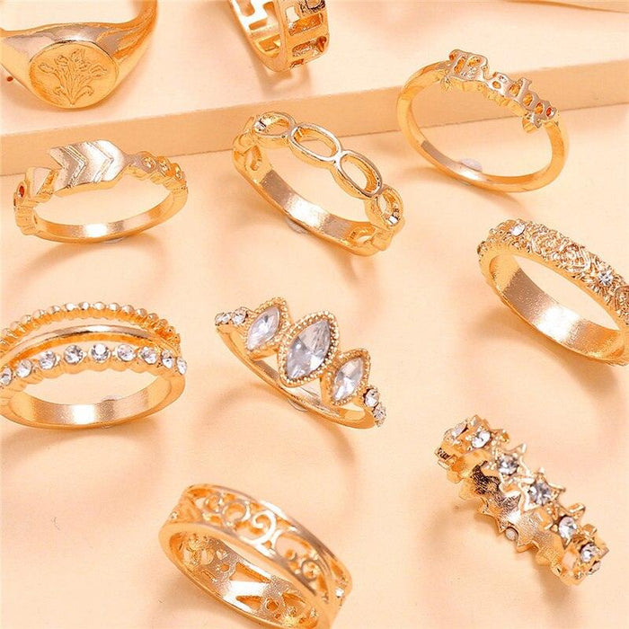 Charming 12-Piece Bohemian Gold Crystal Ring Set - Elegant Jewelry Collection for Women