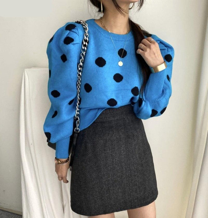 Chic Korean Sweater with Playful Polka Dot Puff Sleeves - Cozy Elegance Redefined