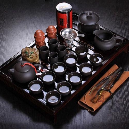 Traditional Chinese Yixing Ceramic Tea Set with Wooden Tea Tray - Complete 26-Piece Collection