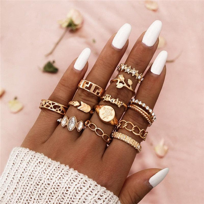 Charming 12-Piece Bohemian Gold Crystal Ring Set - Elegant Jewelry Collection for Women