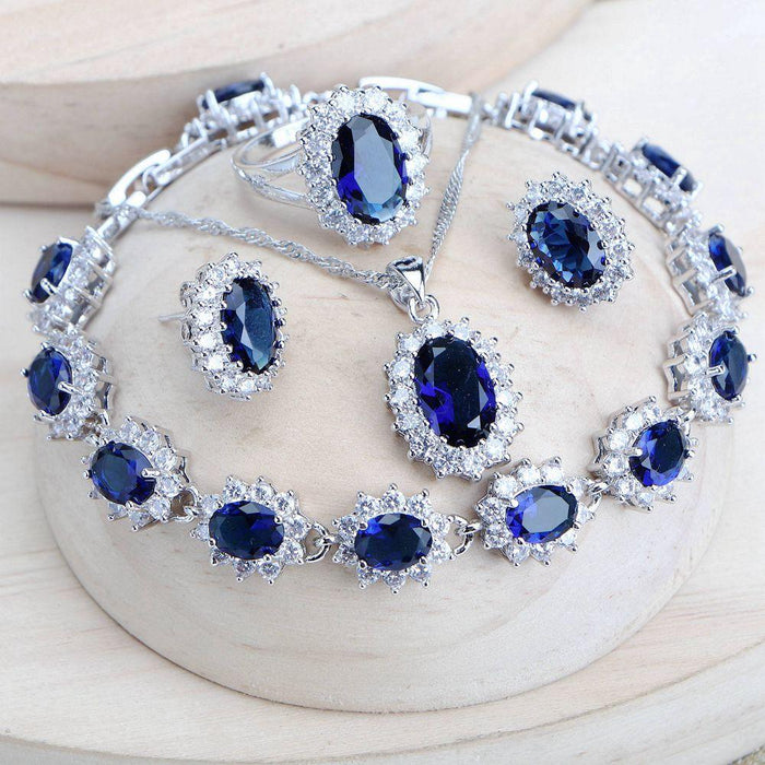 Elegant Blue Zirconia Sterling Silver Bridal Jewelry Ensemble