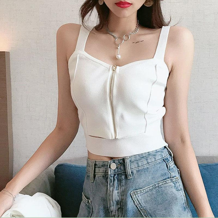 Trendy Sleeveless Knit Crop Top with Zip Closure for Women