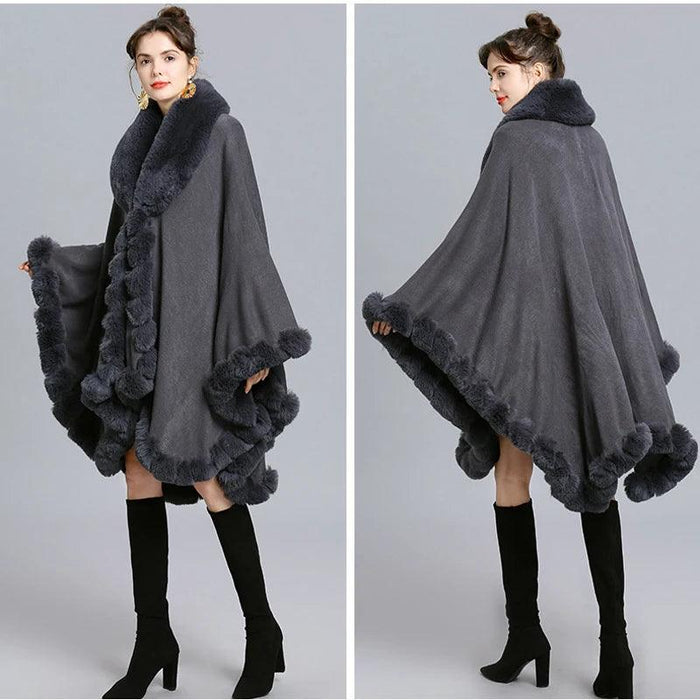 Opulent V Lapel Faux Rex Rabbit Fur Winter Cape for Women