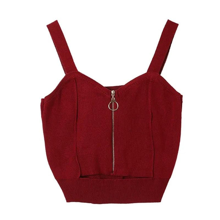 Trendy Sleeveless Knit Crop Top with Zip Closure for Women