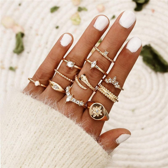 Charming 12-Piece Bohemian Gold Crystal Ring Set - Elegant Jewelry Collection for Women