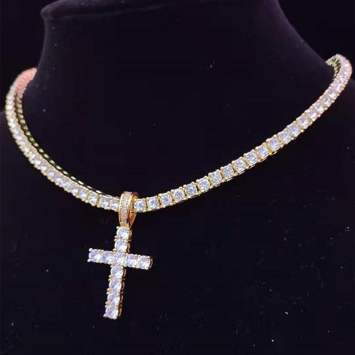 Dazzling Zircon-Studded Cross Necklace Set with Glamorous Bling Accents