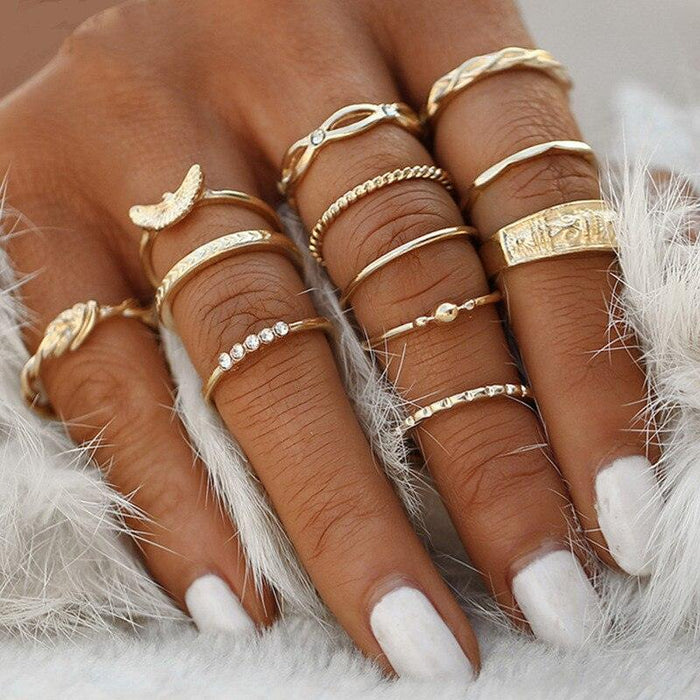 Bohemian Gold Crystal Finger Ring Set - Exquisite Collection of 12 Pieces for Women